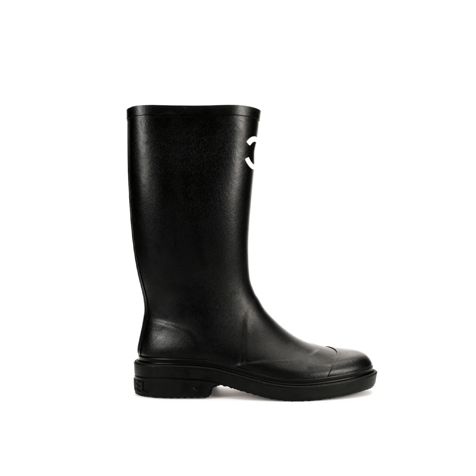 Chanel CC Logo Rain Boots Black Rubber Heel 47cm view 2