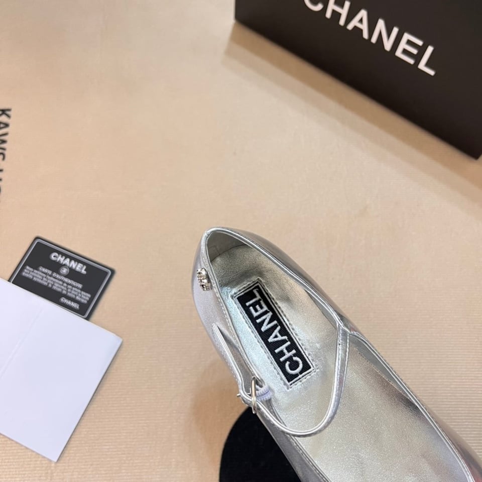 Chanel Square Toe Ballet Flats Black Silver view 5