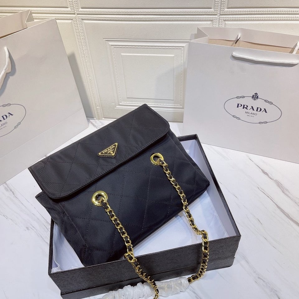 Prada Black Quilted Nylon Vintage Shoulder Bag Black 28Cm view 6