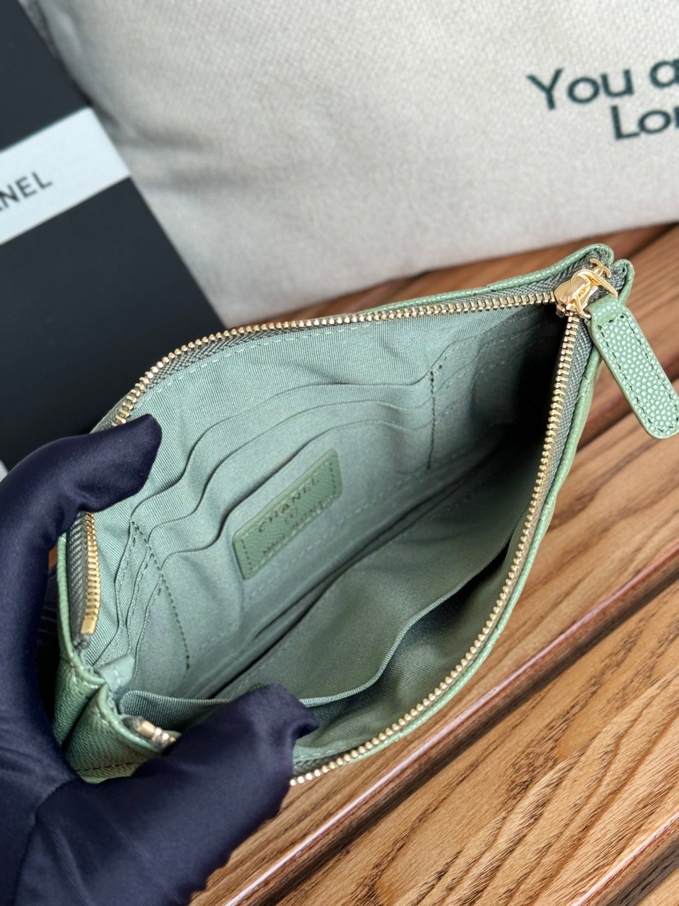 Chanel Zipped Wallet 20Cm Green Quilted Caviar Gold Hardware view 5