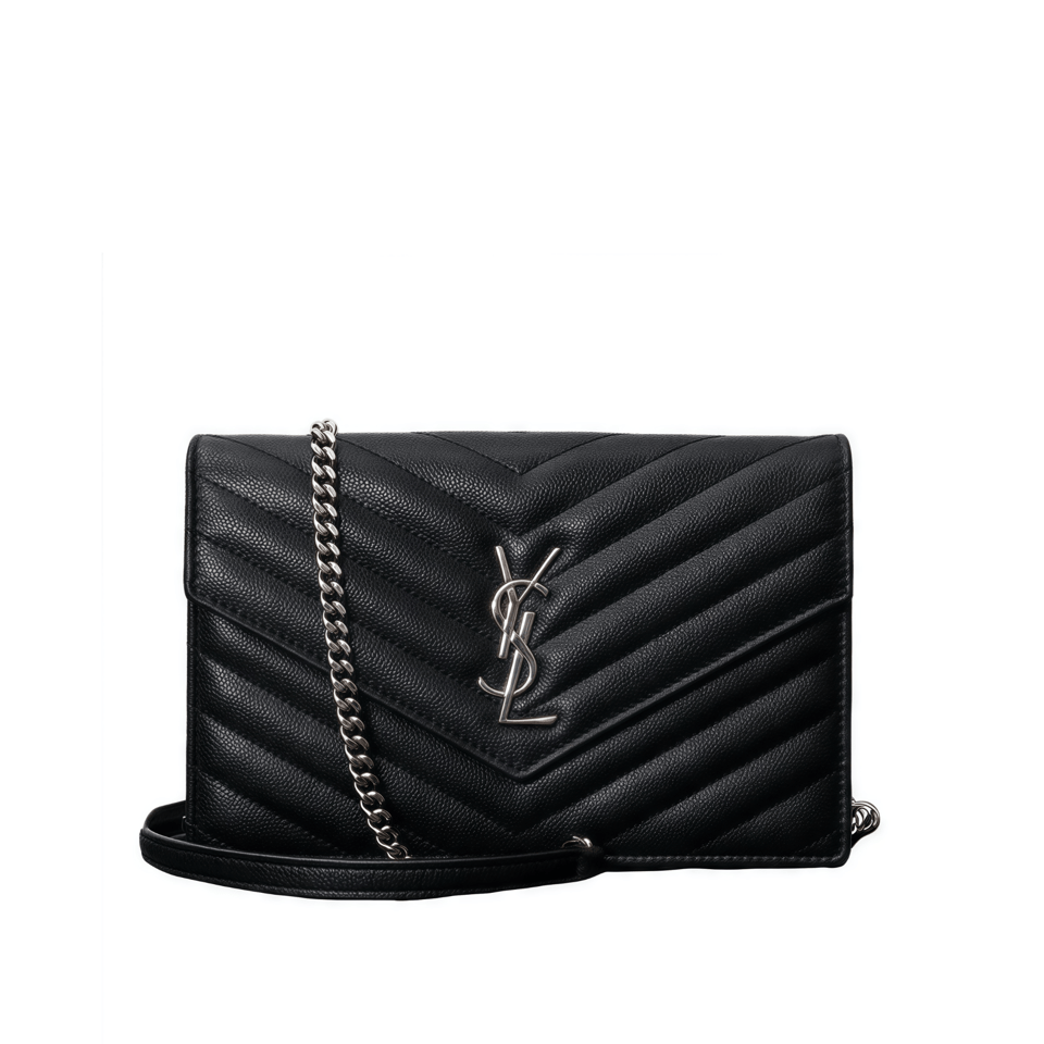 Saint Laurent Envelope Small Bag In Mix Matelasse Grain De Poudre Embossed Black Silver view 2