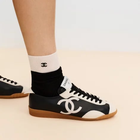Chanel Calfskin Suede Sneakers with White CC Logo Black White &amp; Gum G39860 view 2