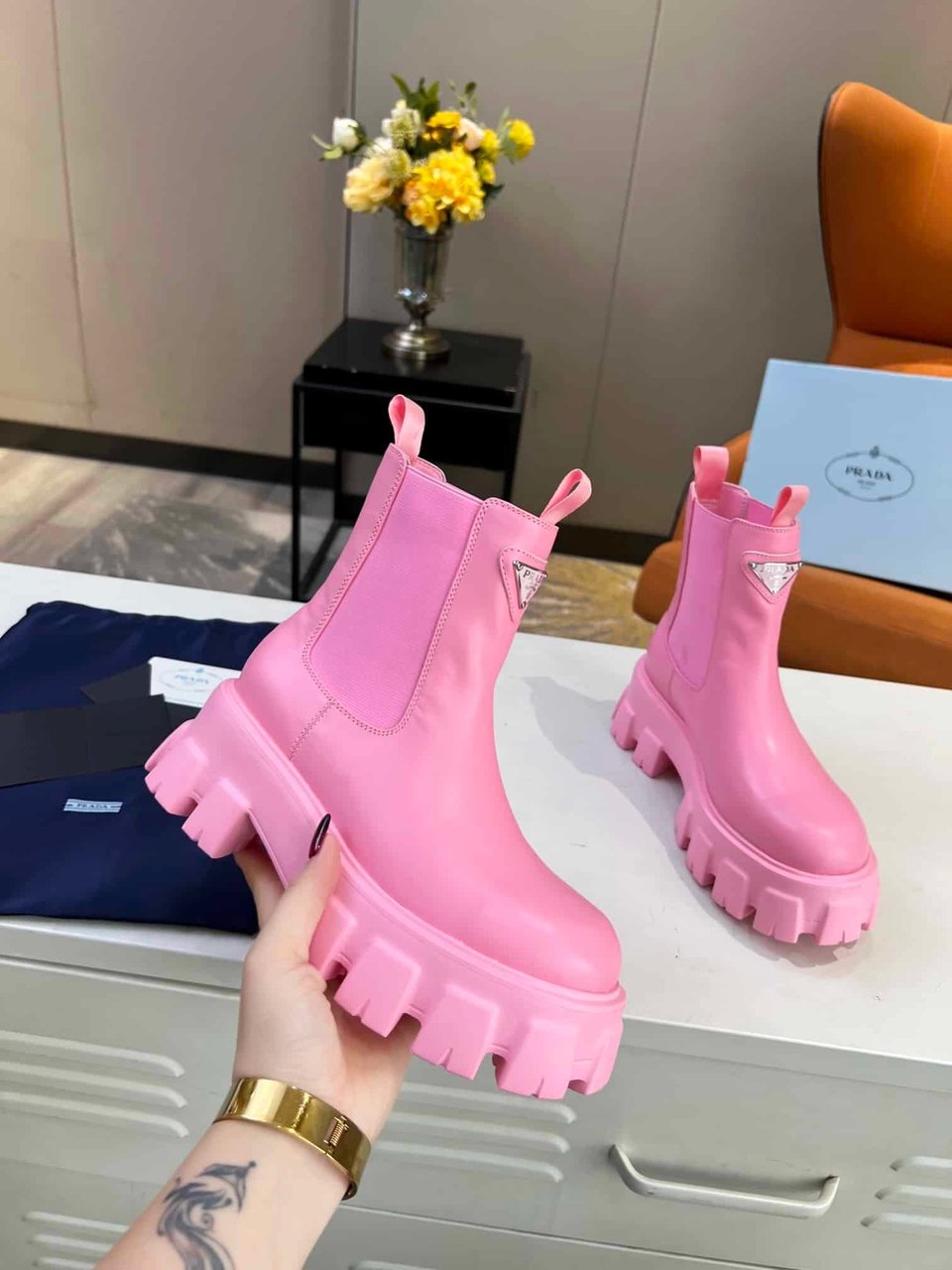 Prada Monolith Brushed Leather Booties Pink view 7