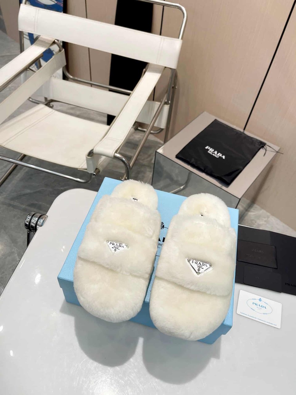 Prada Shearling Sabots White view 8