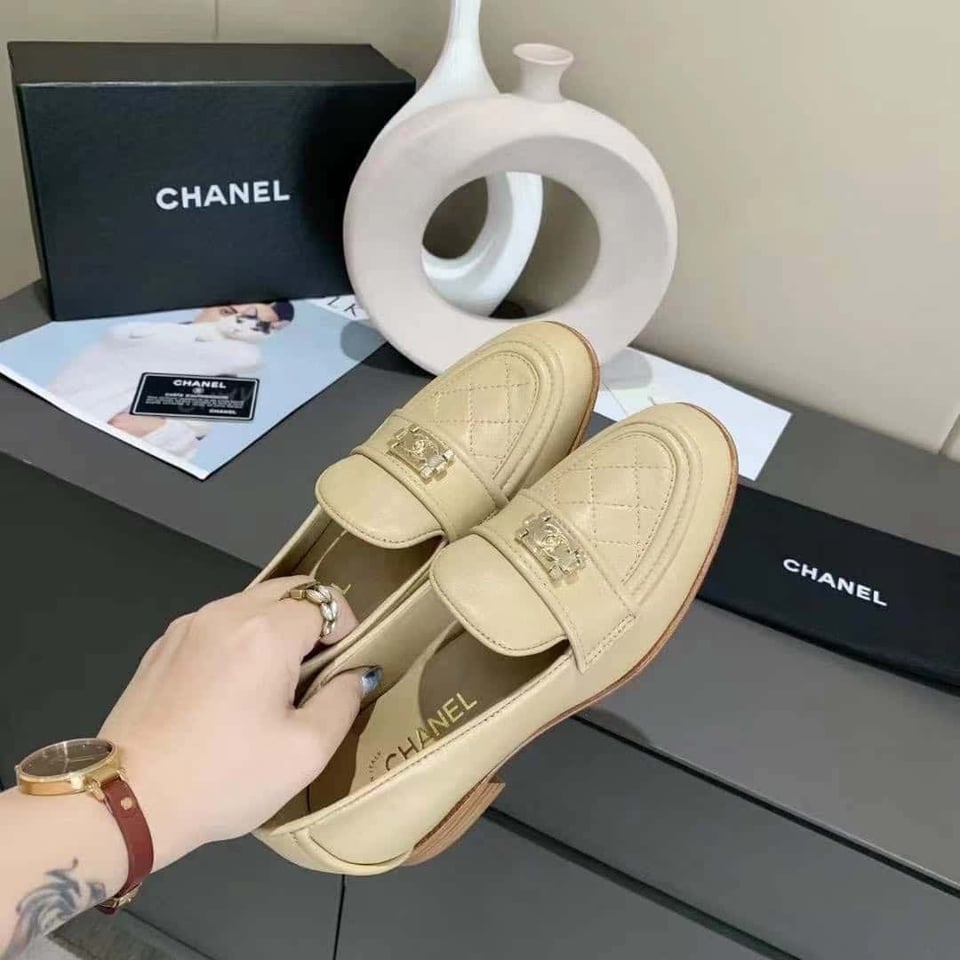 Chanel 20B Quilted Boy Lego Metal Logo Gold Mule Slip On Flat Loafers Beige view 5