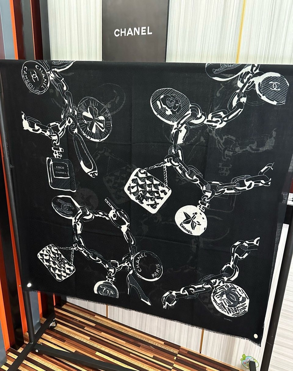 Chanel Silk Shawl Charm Chain Motif Black For Women 200cm view 5