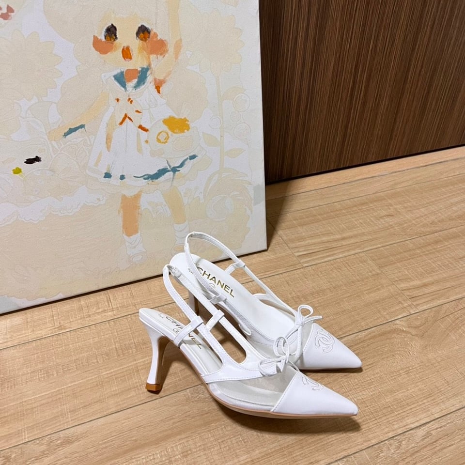 Chanel Cc Leather Pointy Toe Pumps Slingbacks Sandals White view 3