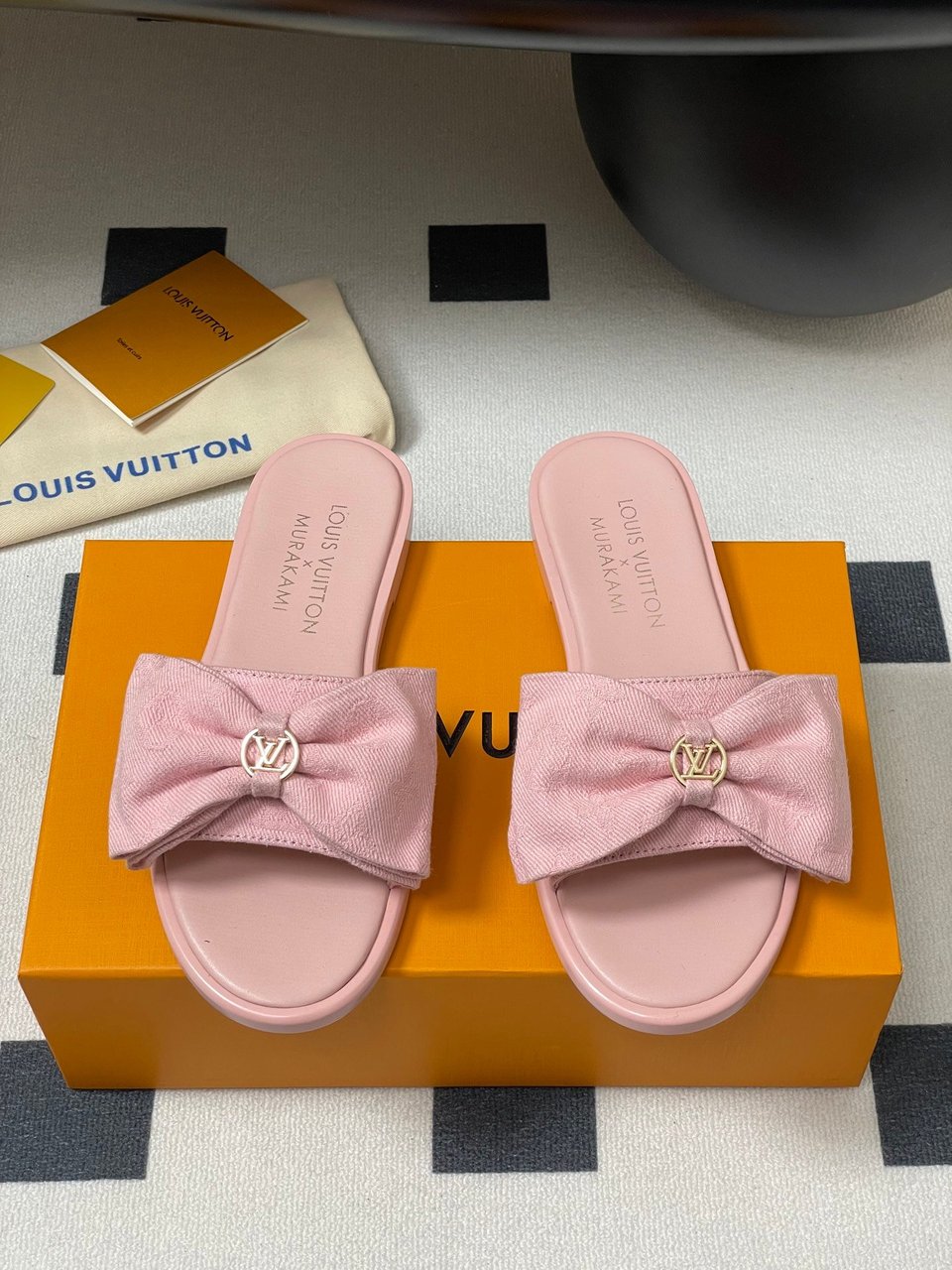 Louis Vuitton x Takashi Murakami Lily Flat Mule Bow Slide Sandals Black Canvas 1AGVYA view 11