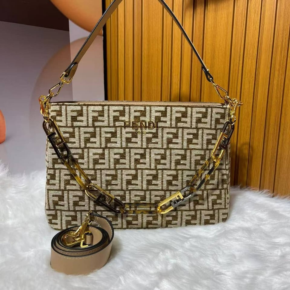 Fendi Olock Zip Dove Brown Tapestry Fabric Bag view 3