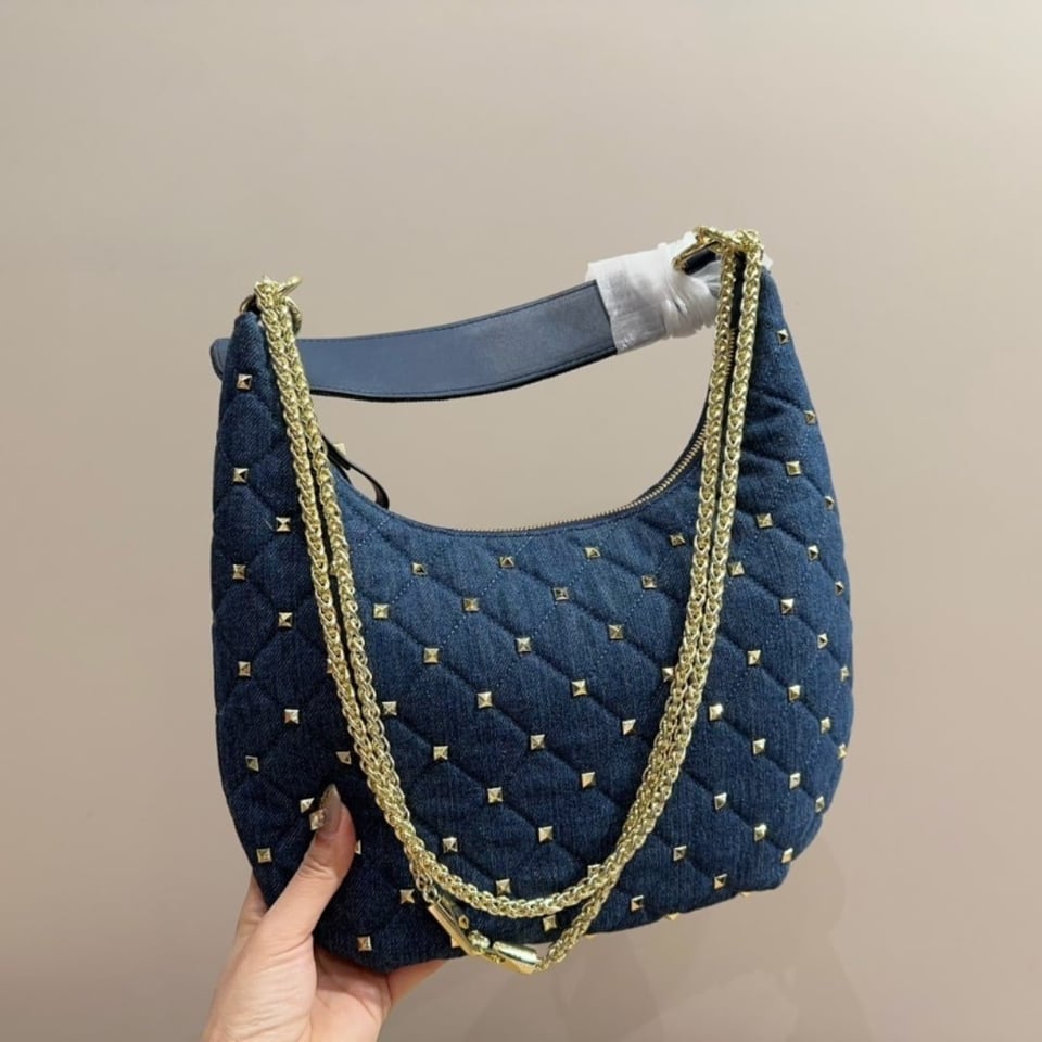 Valentino Garavani Rockstud Spike Denim Hobo Bag In Denim Blue 28Cm 3W2B0M32Bmk view 9