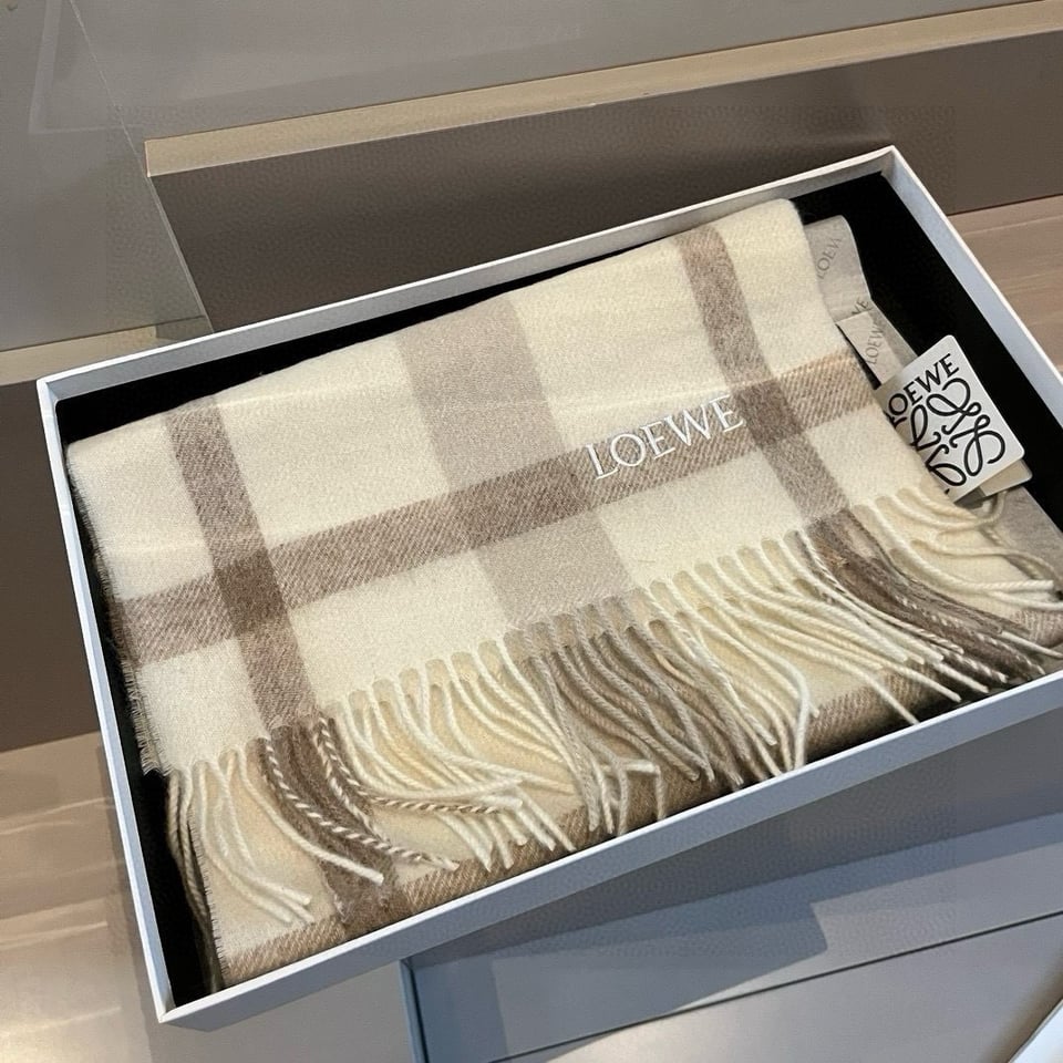 Loewe Cashmere Scarf Check Beige White For Women 180cm view 3