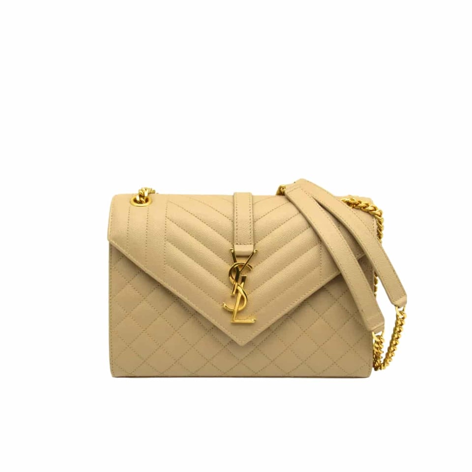 Saint Laurent Envelope Medium Chain Bag In Mix Matelasse Grain De Poudre Embossed Beige 24Cm