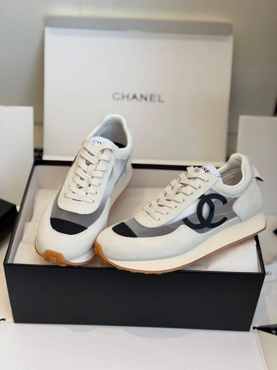 Chanel Mesh Suede Calfskin Sneakers with Black CC Logo Light Grey White &amp; Black G38290 view 7