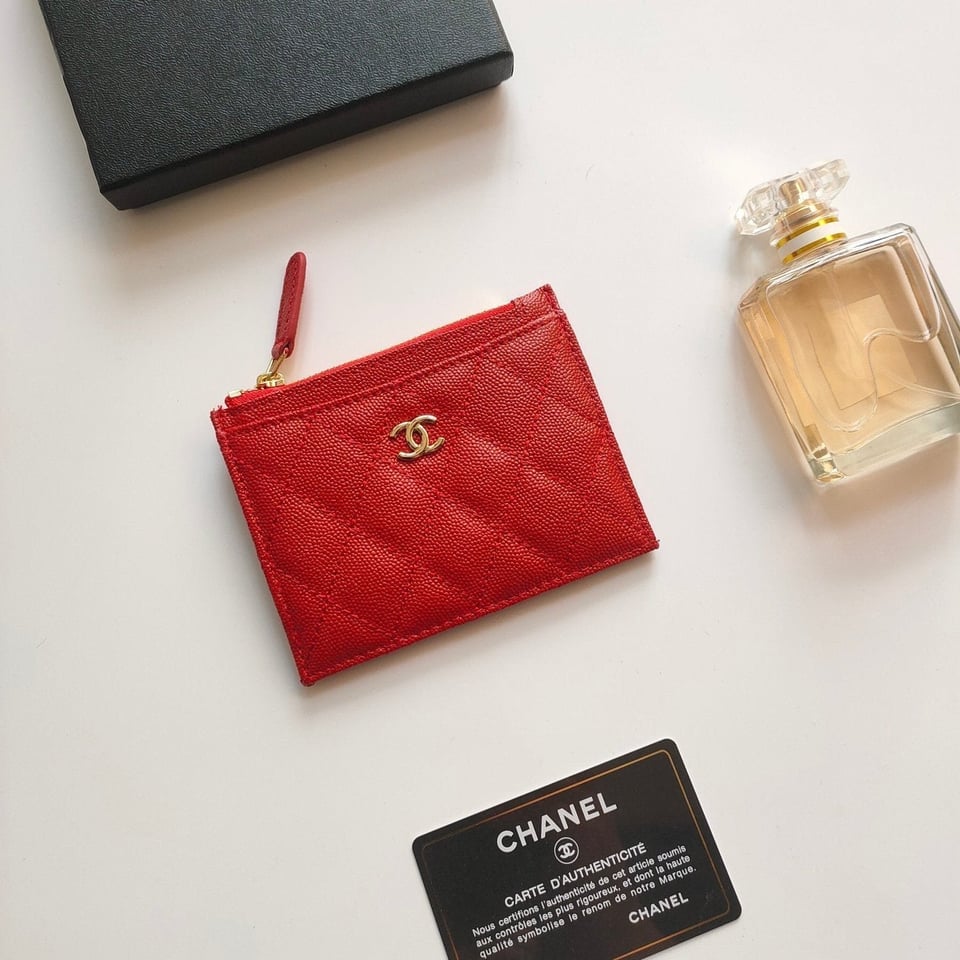 Chanel Zipped Card Holder 11.5 Red Grained Calfskin Gold Icon view 2