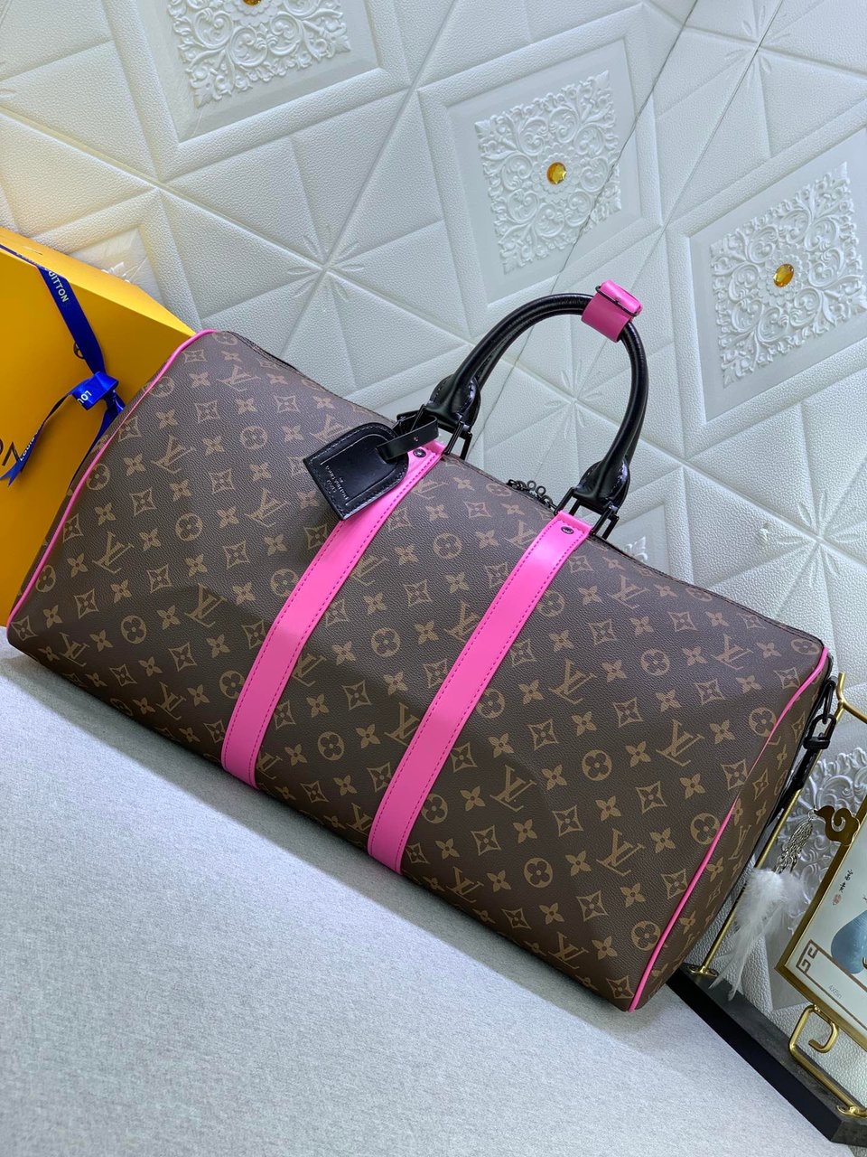 Louis Vuitton Keepall Bandouli Re 50 Brown And Pink Macassar Canvas M45866 view 10