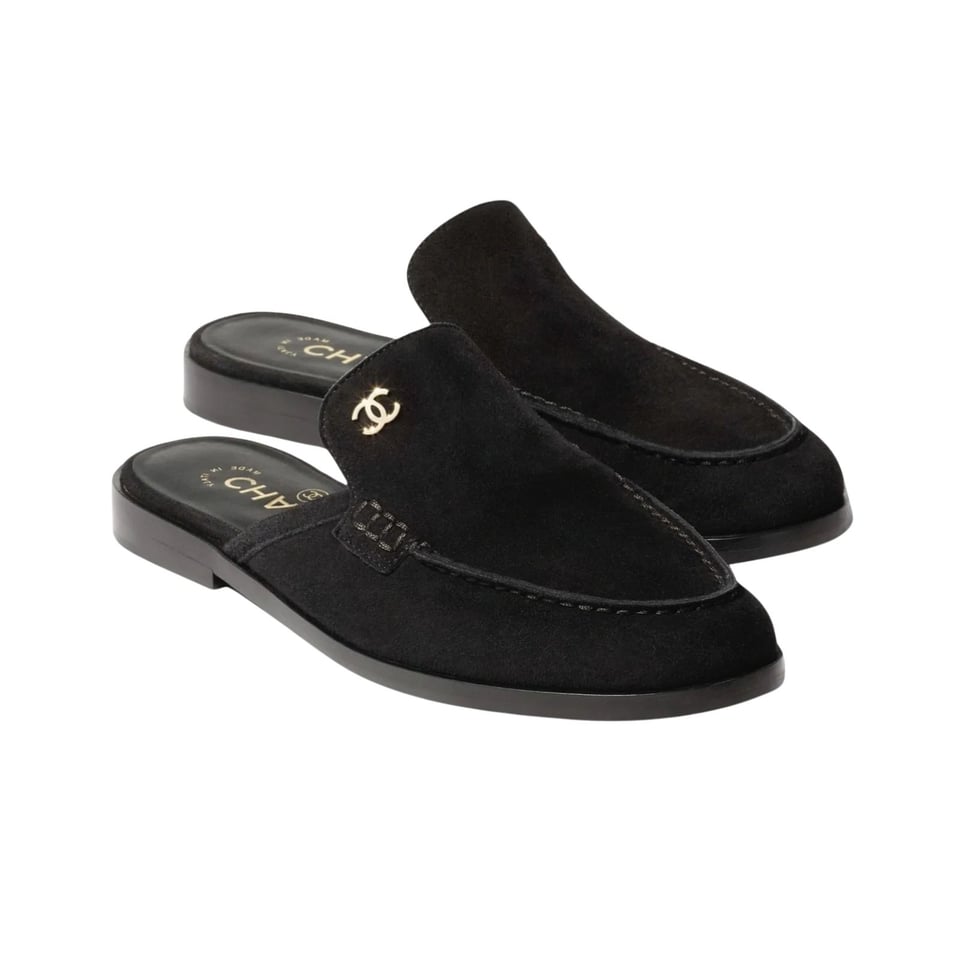 Chanel Suede Velvet Mules with CC Logo Black Suede Calfskin G39838