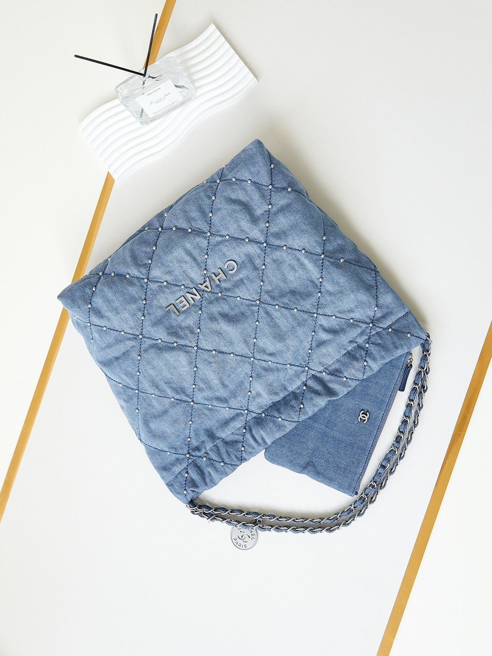 Chanel 22 Hobo Wasted Blue Denim Silver Hardware view 6