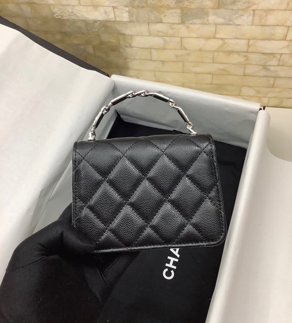 Chanel Mini Woc 13Cm With Top Handle Black Quilted Caviar Leather Silver Hardware view 10