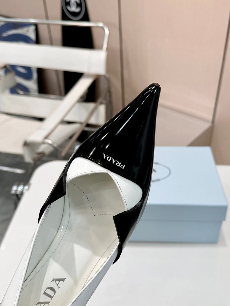 Prada Two Tone Toe Kitten Heels In Black And White view 5