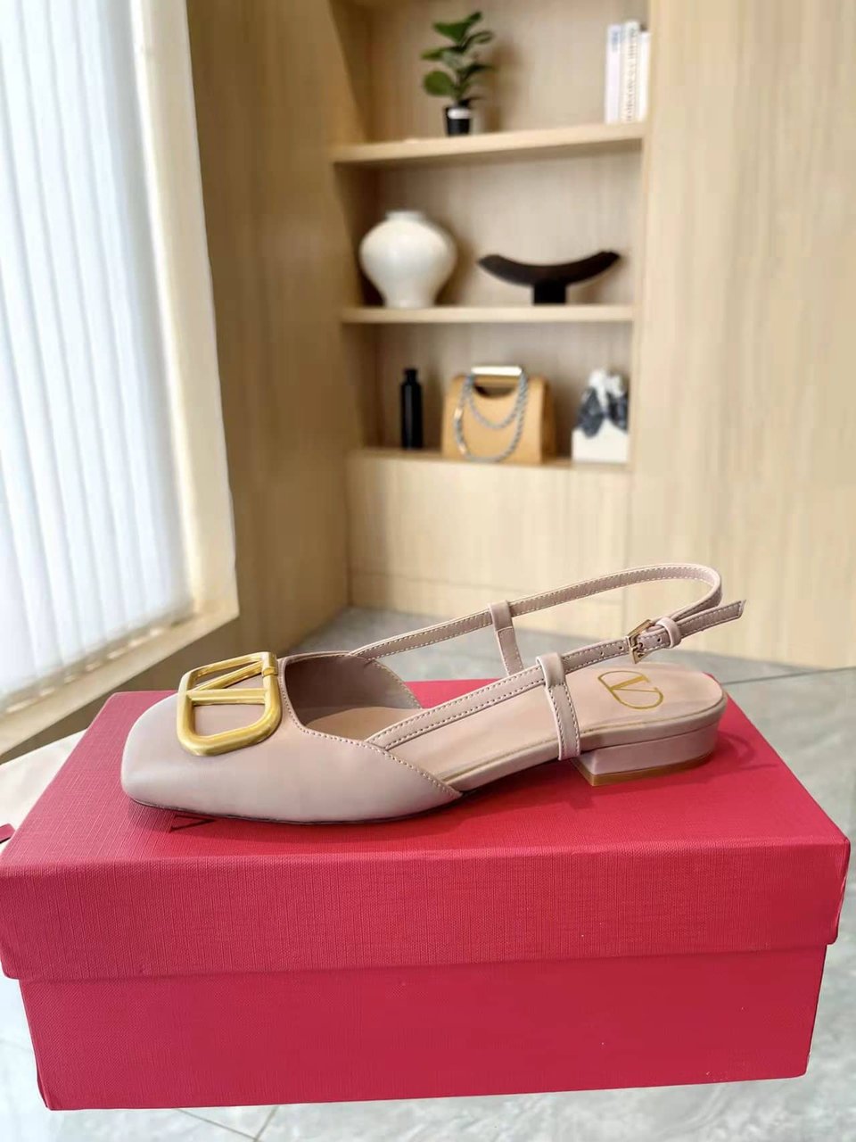Valentino Garavani V Logo Leather Slingback Flats Beige view 7