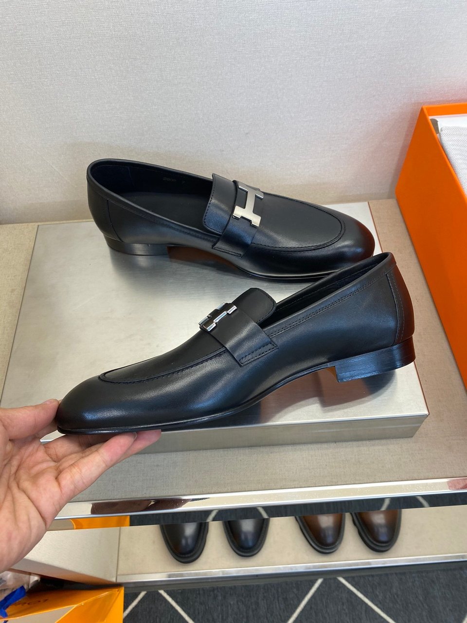 Hermes H-Buckle Black Smooth Leather Loafers- Shoes for Men view 8