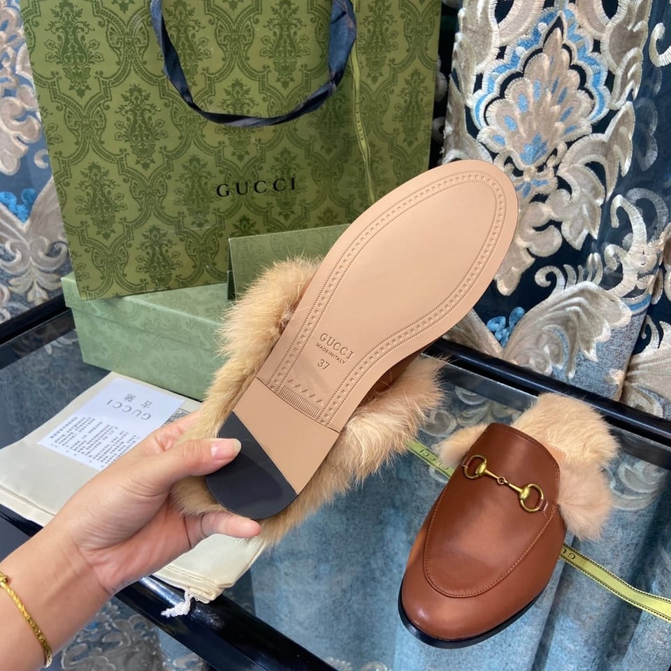 Gucci Princetown Furlined Leather Slippers In Brown view 9