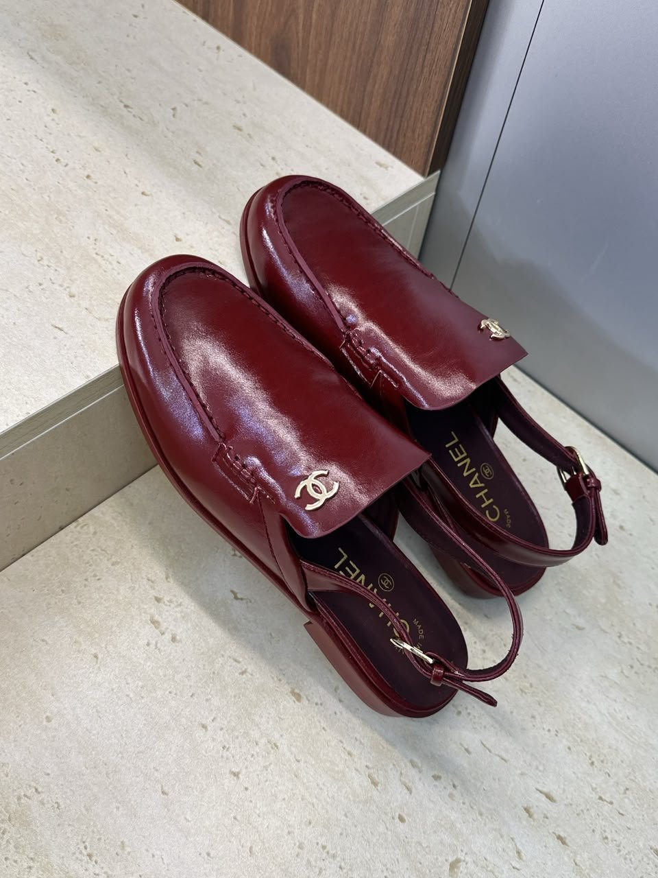 Chanel Patent Calfskin Slingback Mules with CC Logo Burgundy Patent Calfskin G39840 view 3