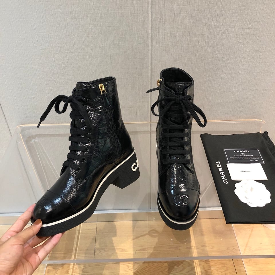 Chanel White Logo Crinkled Leather Combat Boots For Women view 9