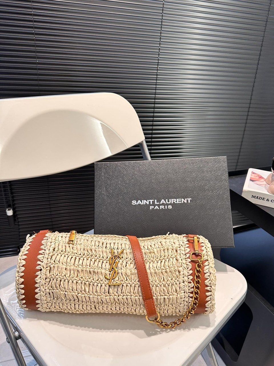 Saint Laurent Sade Raffia Tube Bag In Natural 33Cm view 7
