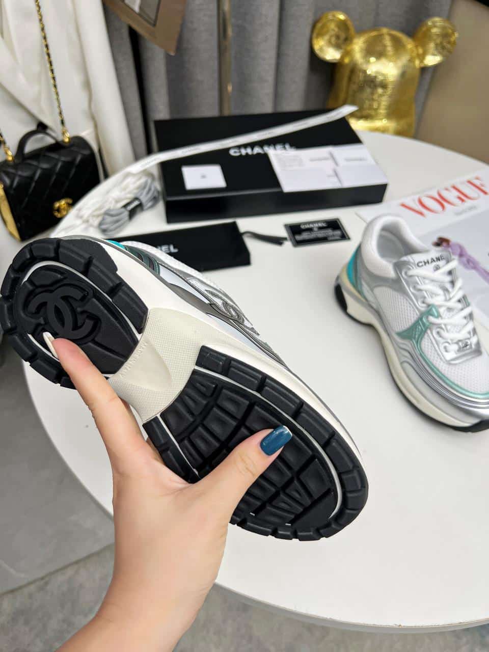 Chanel 23C Silver Metallic Cc Logo Lace Up Flat Runner Trainer Sneaker White Turquoise view 3