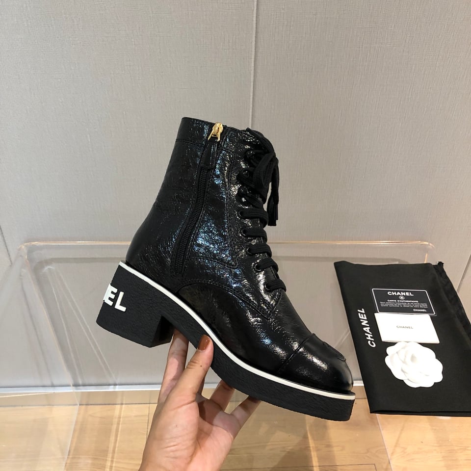 Chanel White Logo Crinkled Leather Combat Boots For Women view 6