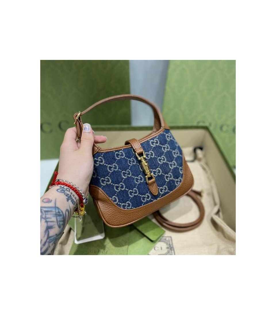 Gucci Jackie 1961 Mini Shoulder Bag in Blue Jacquard Denim 19cm view 10