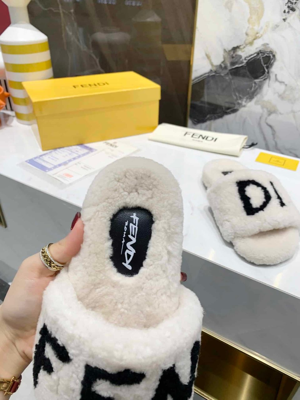 Fendi Shearling Slides White view 3