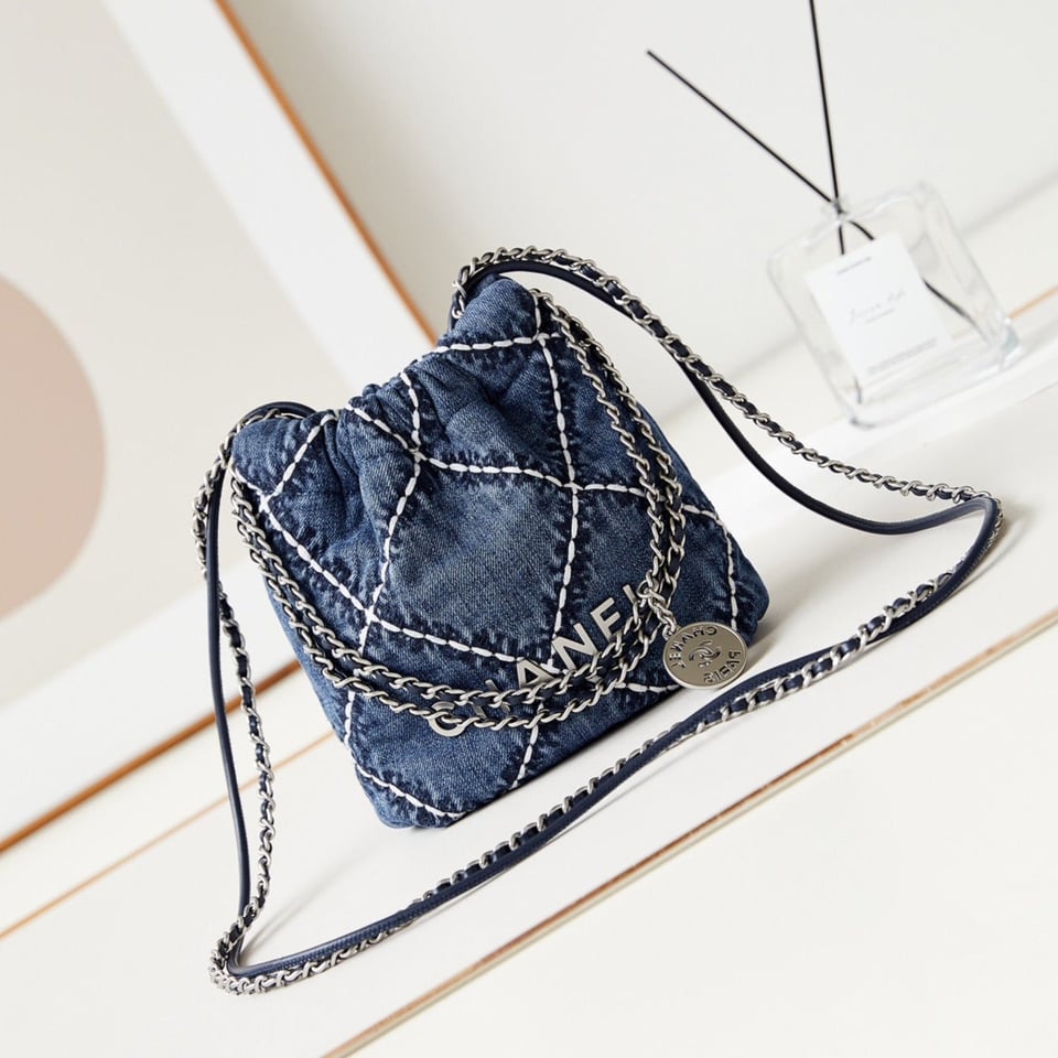 Chanel 22 Mini Backpack Stitched Blue Denim Silver Hardware