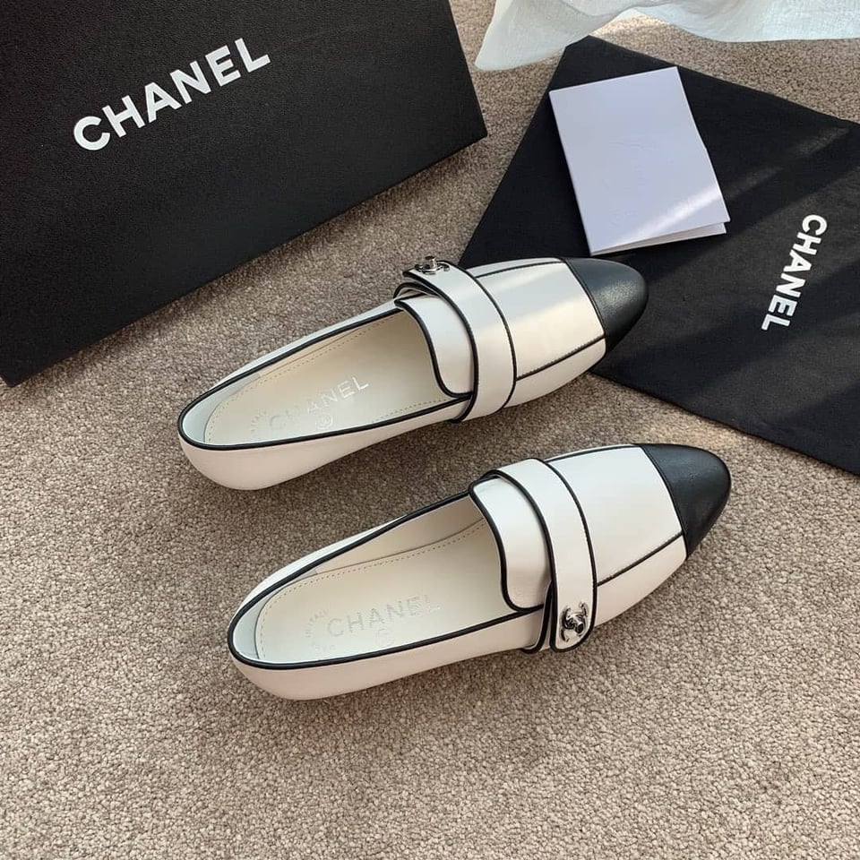 Chanel Leather Cc Cap Toe Slip On Loafers White view 7