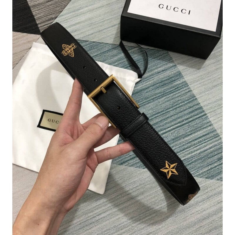 Gucci Calfskin Bees And Stars Print Belt 35mm 495125 Black Unisex view 6