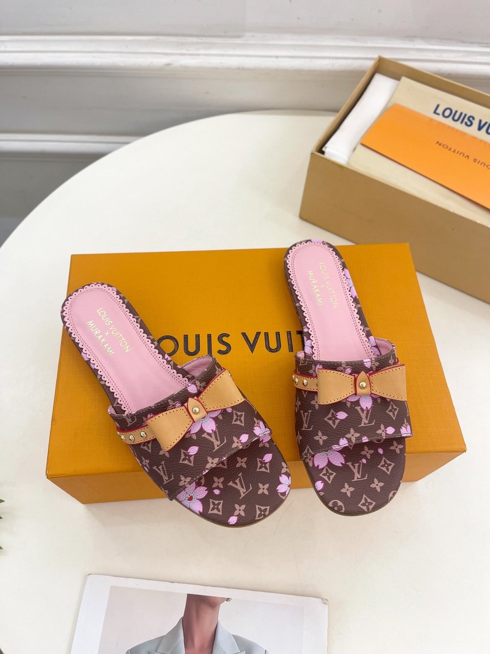 Louis Vuitton x Takashi Murakami Cherry Blossom Flat Slide Sandal Brown Monogram Canvas view 11