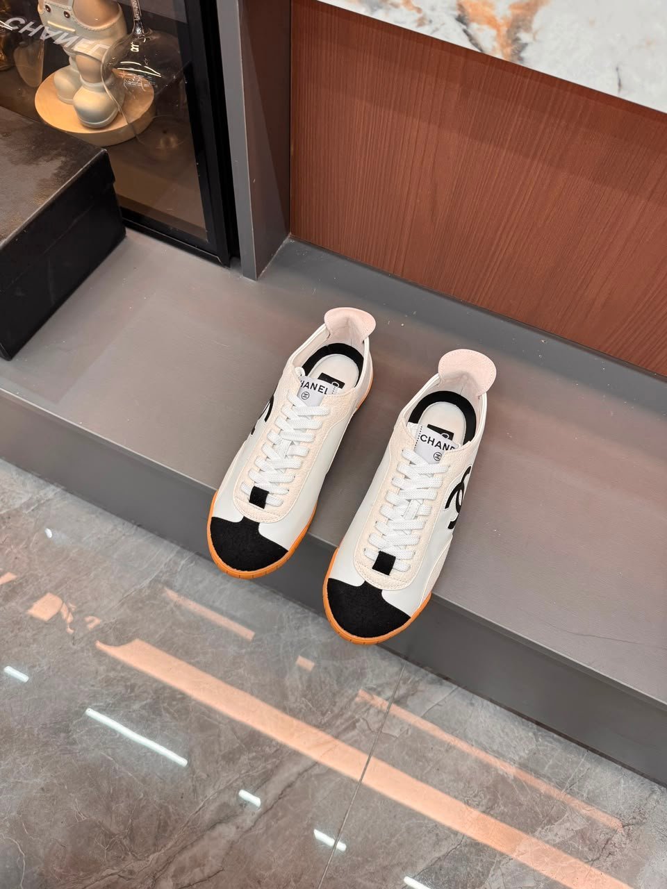 Chanel Calfskin Suede Sneakers with Gum Sole White Black &amp; Gum G39860 view 5