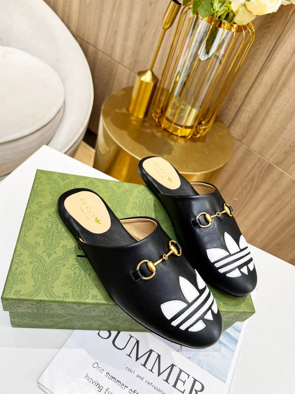 Gucci X Adidas Women’S Trefoil Slipper Leather Black view 6