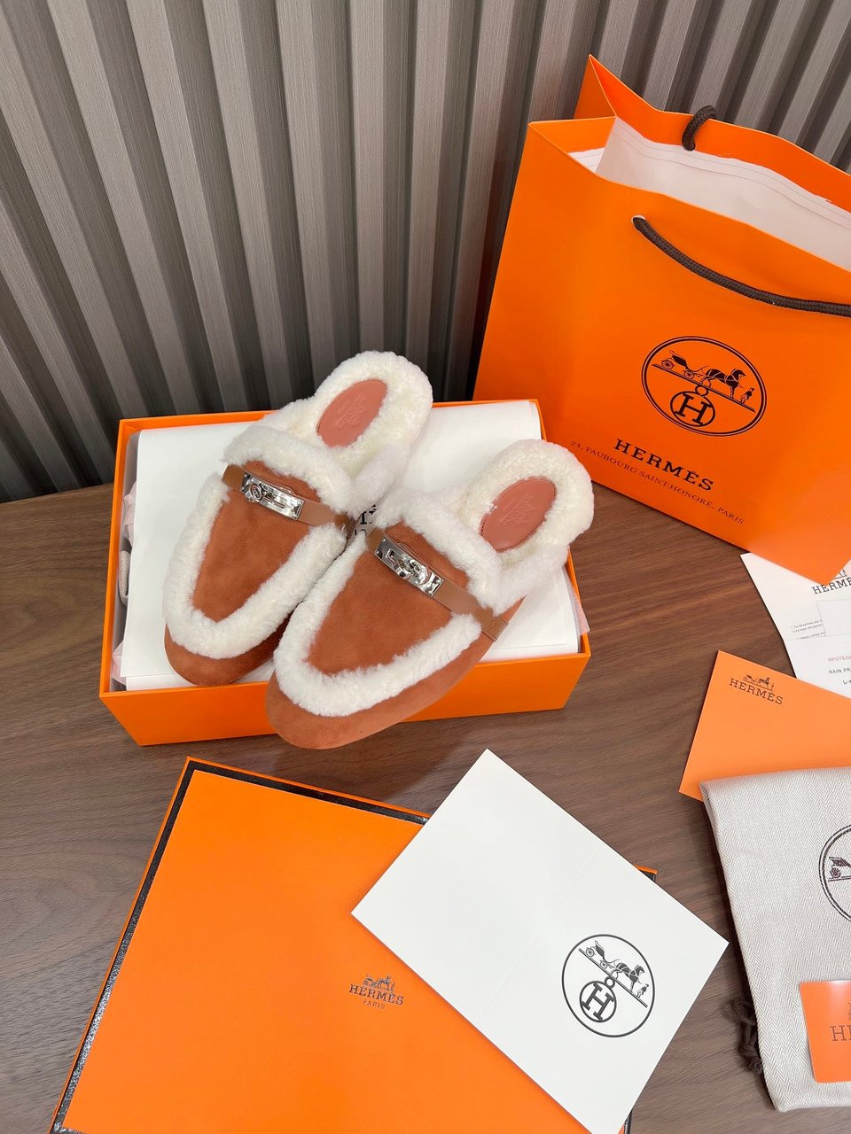 Hermes Oz Mule Shearling Brown White view 9