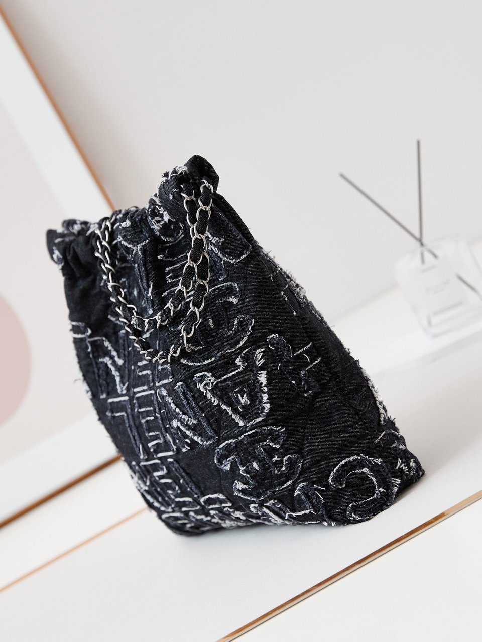 24A Chanel 22 Hobo Bag Black Denim Silver Hardware view 6