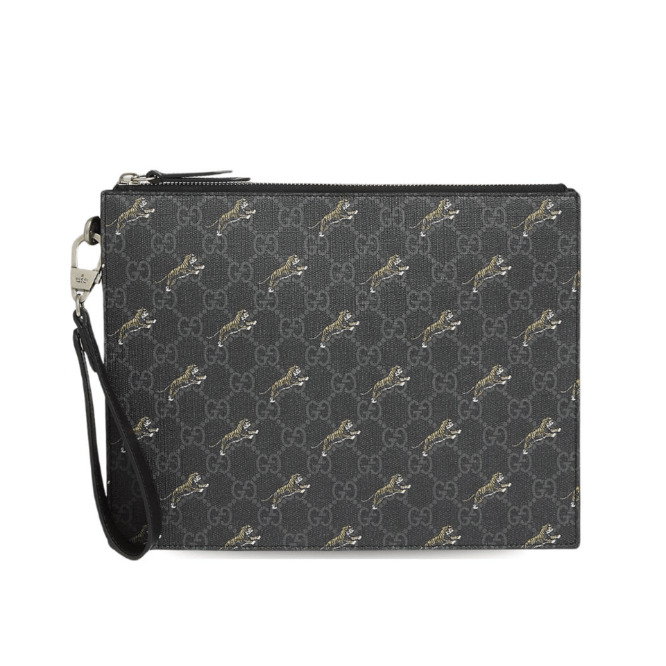 Gucci Tiger Print Pouch Light Grey Black 12in/31cm For Men view 2