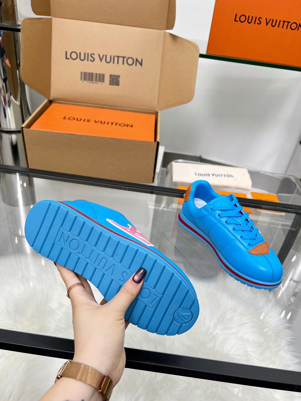 Louis Vuitton LV Trainer Sneaker Blue &amp; Pink – Red Stripe Sole – Women’s Shoes view 9