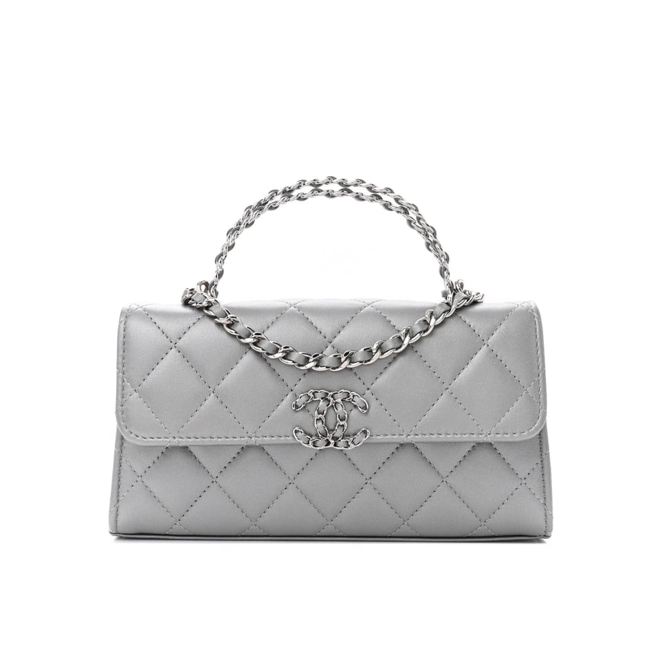 Chanel Lambskin Quilted Chain Top Handle Phone Holder With Chain Silver 18Cm
