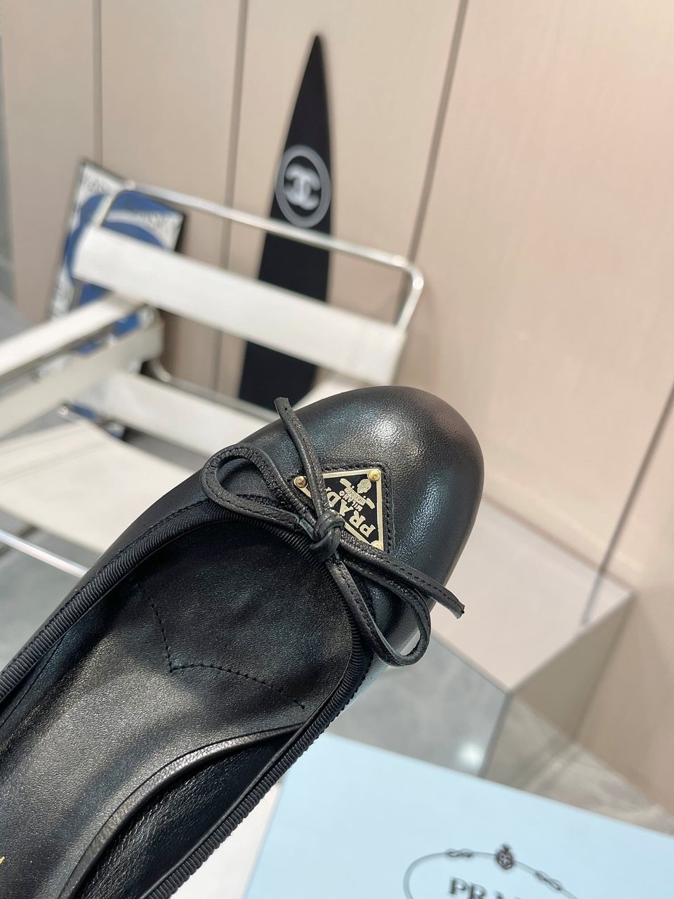 Prada Triangle Logo Bow Pump In Black view 5