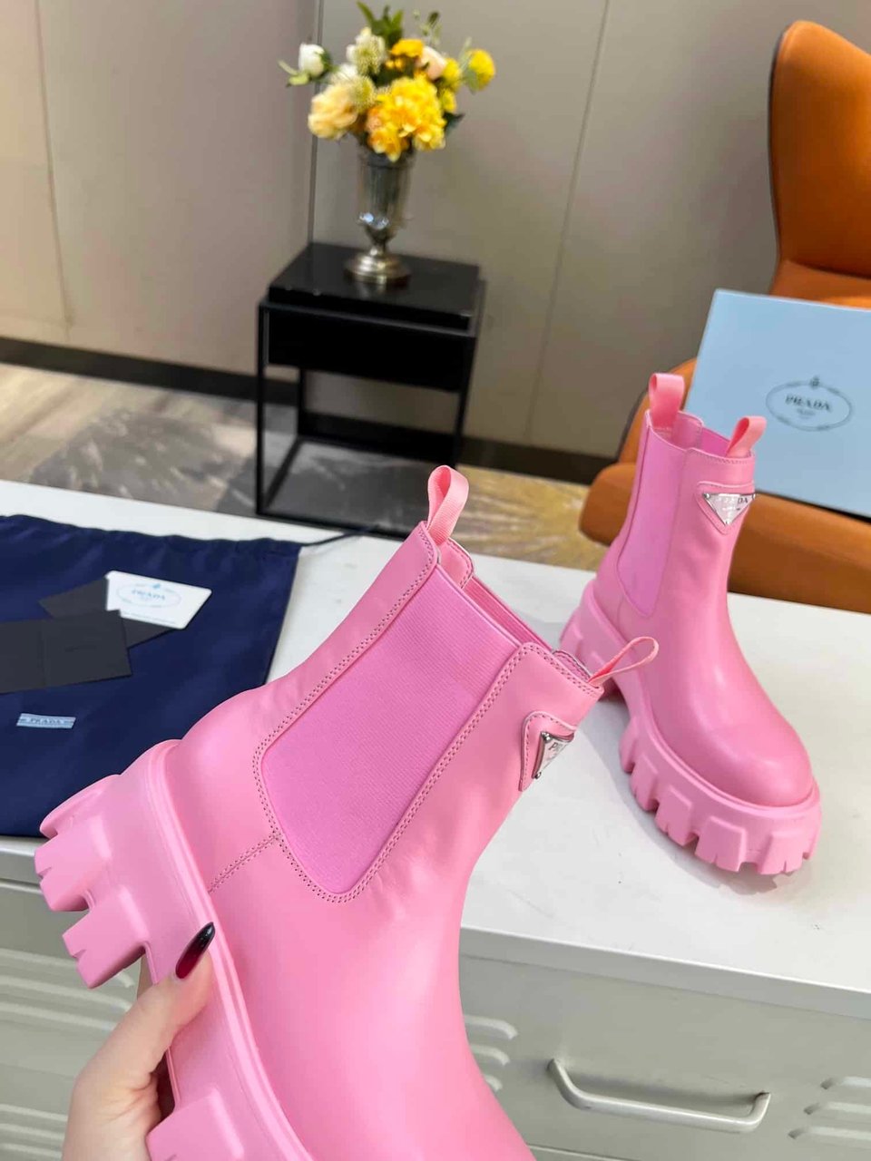 Prada Monolith Brushed Leather Booties Pink view 4
