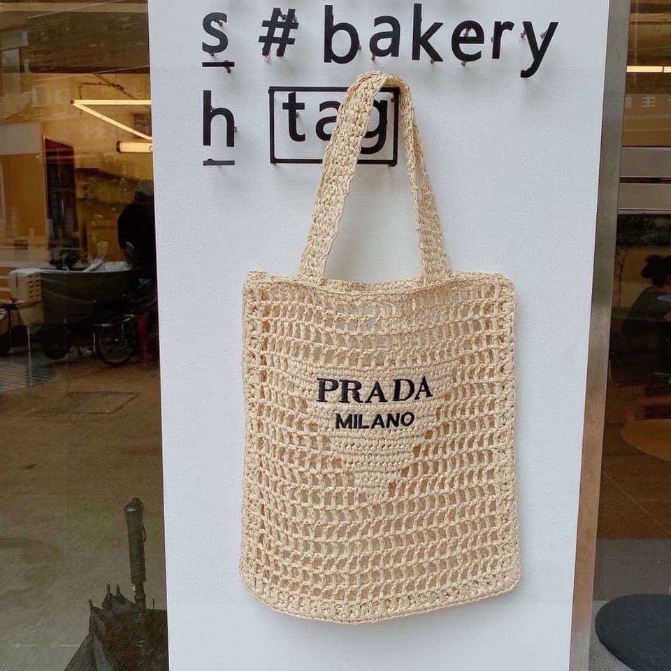 Prada Natural Crochet Logo Tote Bag Beach Bag 38 cm view 13
