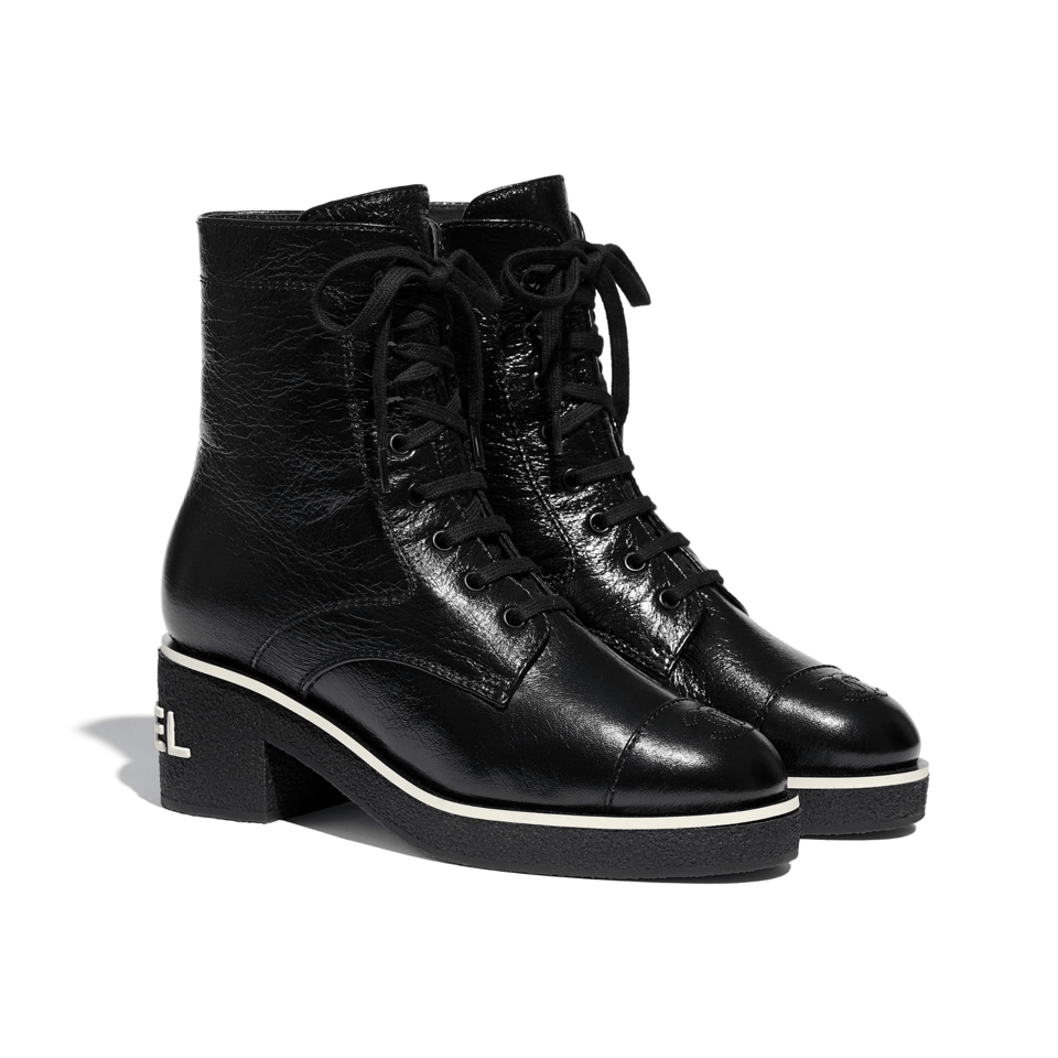 Chanel White Logo Crinkled Leather Combat Boots For Women view 2