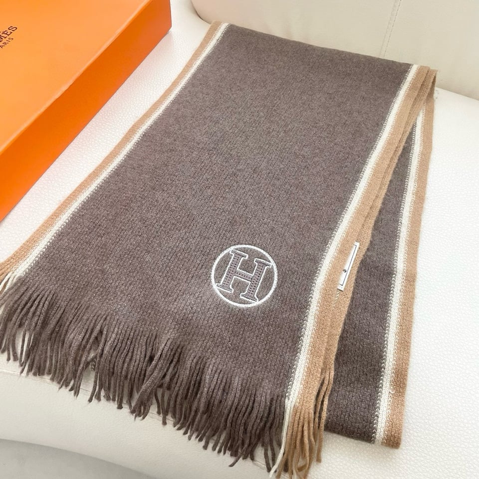 Hermes Cashmere Scarf H-Motif Brown For Women 180cm view 6