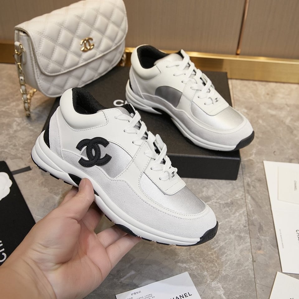 Chanel Suede And Leather Cc Low Top Sneakers White Black view 7